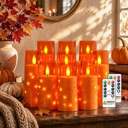 Raycare 9 Pcs Orange Halloween Flameless Pillar Candles with Remote Timer