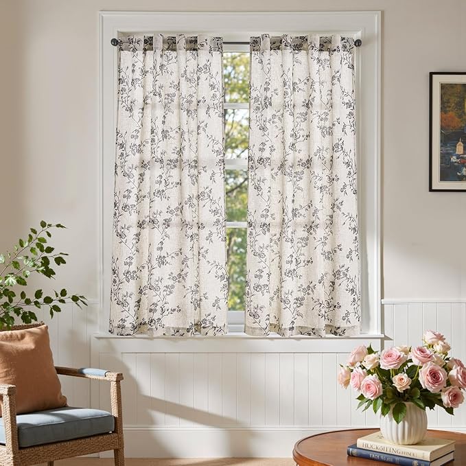jinchan Floral Kitchen Curtains 54 Inch Linen Tier Curtains Farmhouse Cafe Half - Image 4