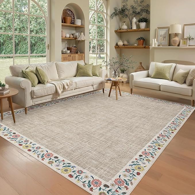 GarveeHome Washable Living Room Rug 9x12 Floral Bordered Area Rugs Soft Thin - Image 2
