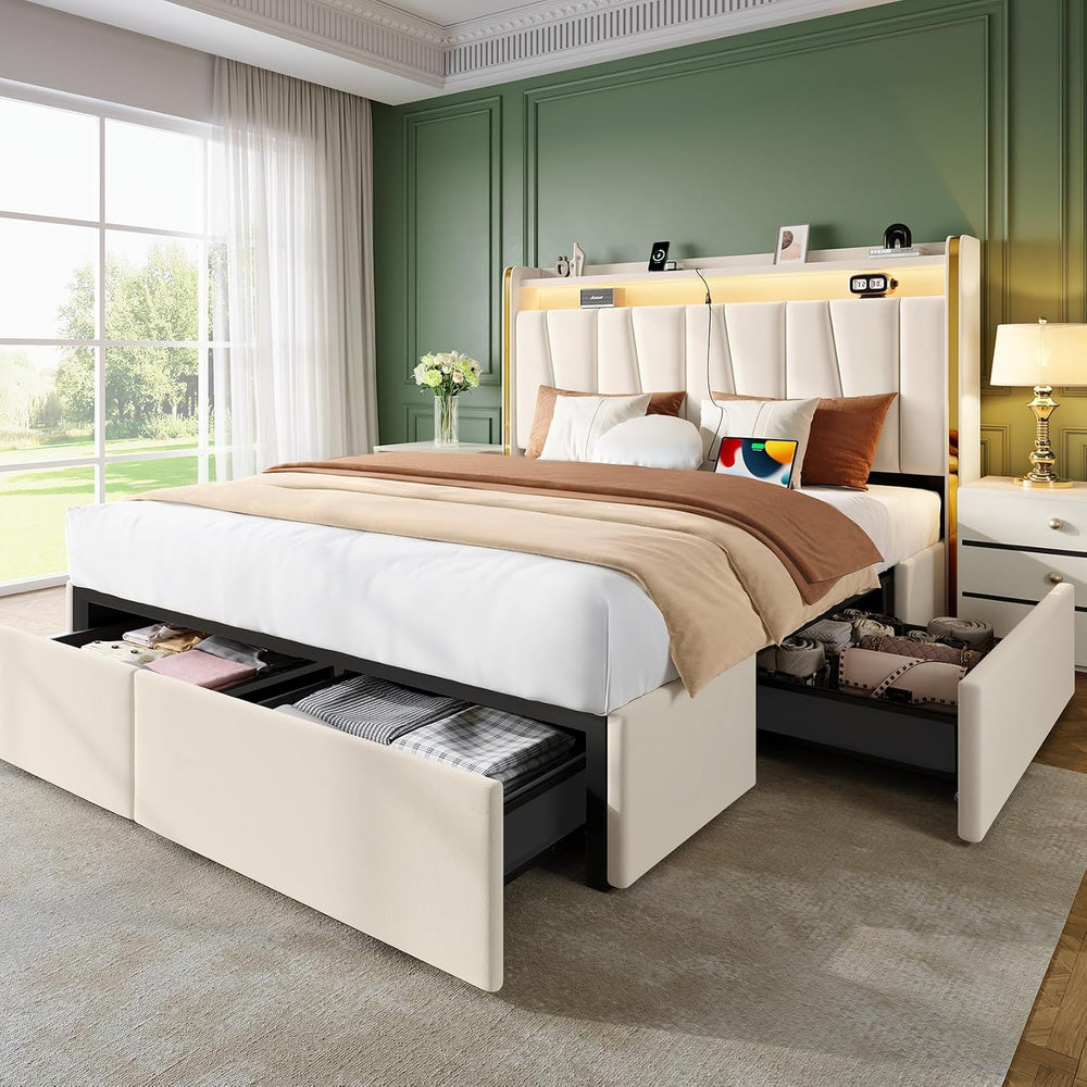 Full Size Bed Frame 4 Storage Drawers,Upholstered Headboard LED & Charging