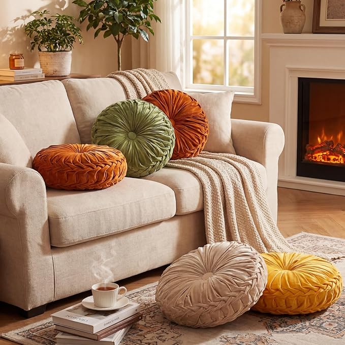 4 Pcs Round Throw Pillows Decorative Velvet Pleated Throw Pillows 15'' Diameter - Image 6