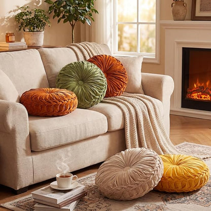 4 Pcs Round Throw Pillows Decorative Velvet Pleated Throw Pillows 15'' Diameter - Image 6