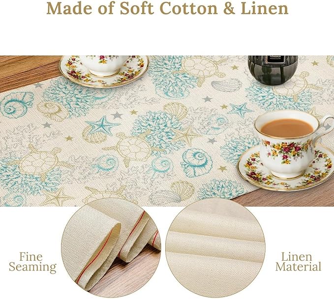 Ocean Coastal Table Runner, Nautical Summer Beach Coral Sea Turtle Table Runner - Image 4