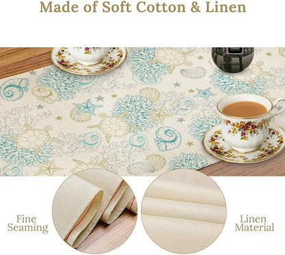 Ocean Coastal Table Runner, Nautical Summer Beach Coral Sea Turtle Table Runner - Image 4