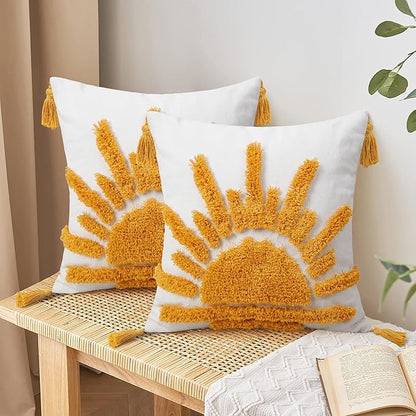 Adabana Boho Decorative Throw Pillow Covers 18x18 Tufted Yellow Sun Sunshine - Image 4