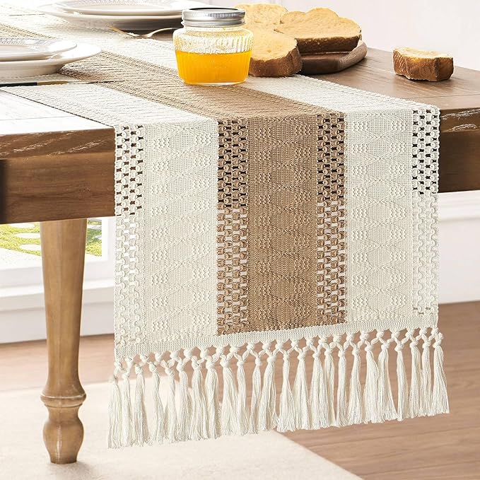 ZeeMart Macrame Style Bicolor Stitching Table Runner, 14 x 36 Inch Brown/Ivory by ZEEMARTONLINE