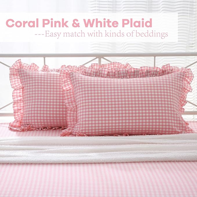 2 Pack Coral Pink Plaid Ruffle Gingham King Size Pillow Shams, 100% Washed - Image 2