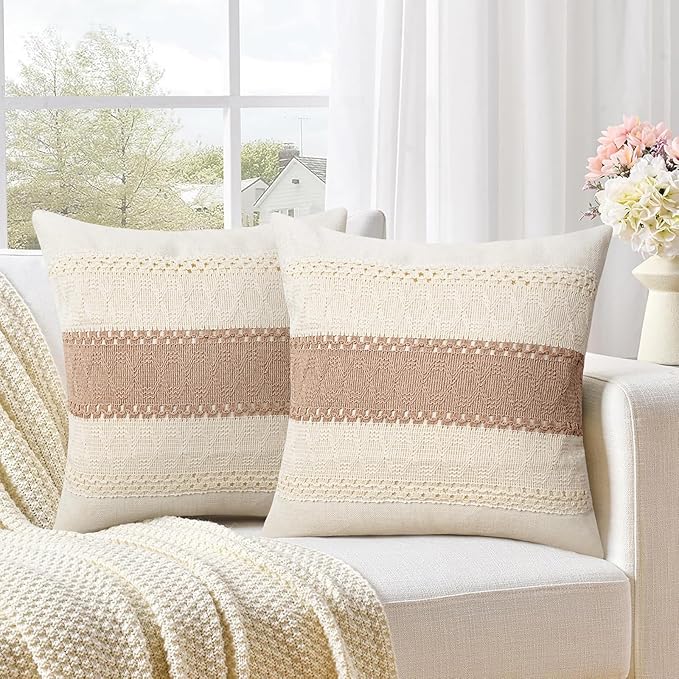 Pyonic Pack of 2 Boho Throw Pillow Covers 18x18 Inch Farmhouse Decorative Throw by PyonicThrowPillowCovers