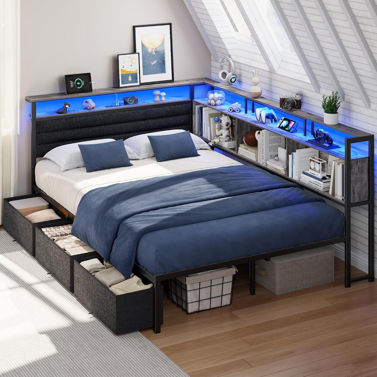 ourpic full corner bed frame with 3 storage, main product view
