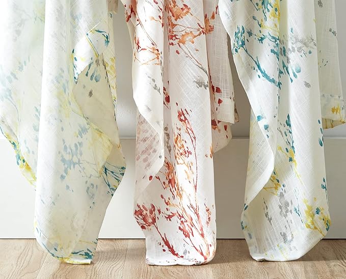 Tree Semi Sheer Curtains for Living Room Bedroom Teal Yellow and Grey Branch on - Image 7