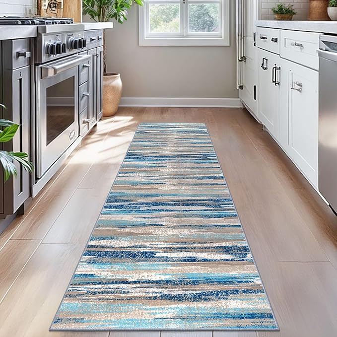Modern Abstract Bedroom Runner Rug 2x7, Non-Slip Soft Thin Faux Wool Mat - Image 2