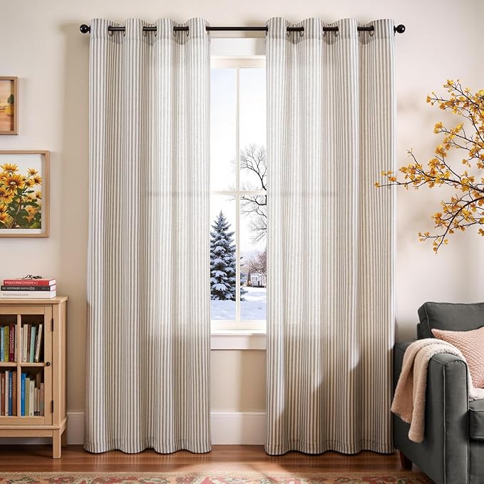 Vangao Linen Striped Grey Curtains Boho Tickingstripe Light Filtering Window - Image 2