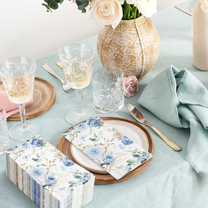 100Pcs Floral Guest Napkin Watercolor Blue Flower Butterfly Disposable Napkin - Image 4