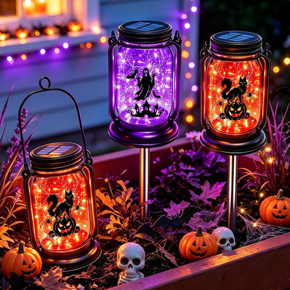 Halloween Solar Lanterns-Ghost &Cat Pumpkin Decor Hanging Mason Jar Lights