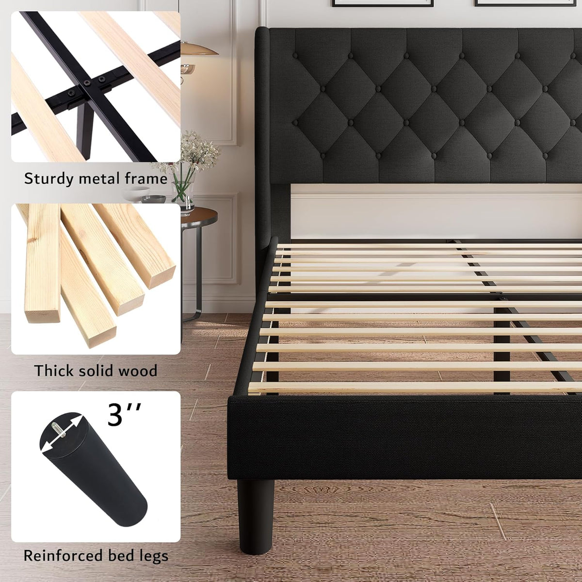 ipormis queen size platform bed frame with button showing dimensions