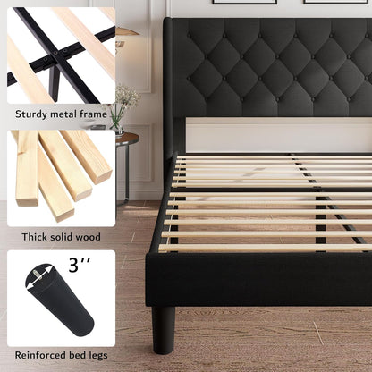 ipormis queen size platform bed frame with button showing dimensions