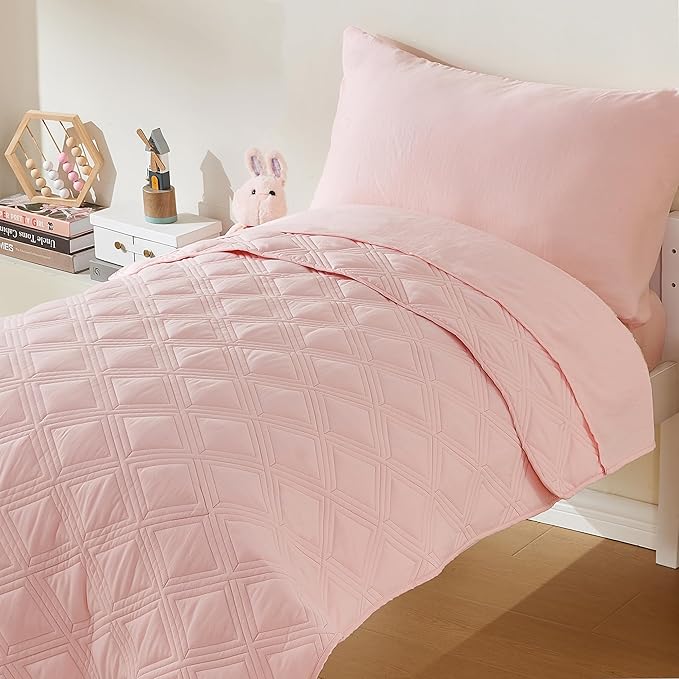 4 Piece Toddler Bedding Set for Girls Pink Geometric Stitched Soft Microfiber - Image 7