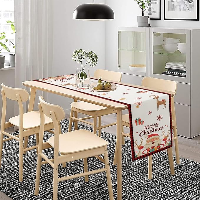 Merry Christmas Table Runner, Santa Claus Elk Snowflake Linen Table Runner - Image 6
