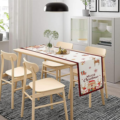 Merry Christmas Table Runner, Santa Claus Elk Snowflake Linen Table Runner - Image 6