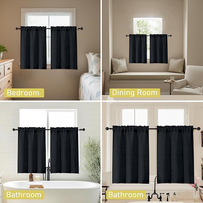 Black Kitchen Curtains 45 Inch Length 2 Panels, Light Filtering Faux Linen - Image 6