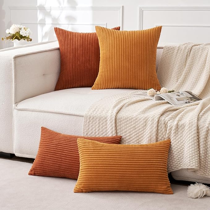 MIULEE Pack of 2 Rust Pillow Covers 12x20 Inch Soft Boho Striped Corduroy Throw - Image 5