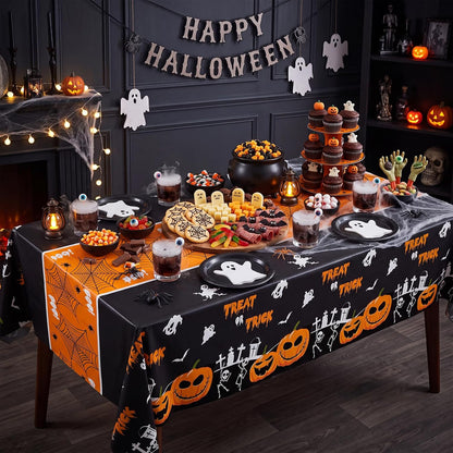 54 Inch X 100 Feet Plastic Table Cover Roll Disposable Halloween Tablecloth with Slide Cutter Pumpkin Ghost Plastic Table Covers for Halloween Party Decorations(Halloween Table Runner, 100Feet)