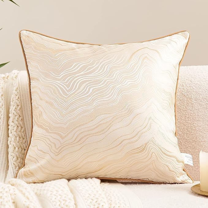 Avigers 18 x 18 Inch Square Beige Gold Abstract Striped Embroidery Cushion Case by Avigers