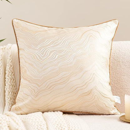 Avigers 18 x 18 Inch Square Beige Gold Abstract Striped Embroidery Cushion Case by Avigers