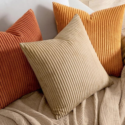 MIULEE Pack of 2 Rust Pillow Covers 18x18 Inch Soft Boho Striped Corduroy Throw - Image 2