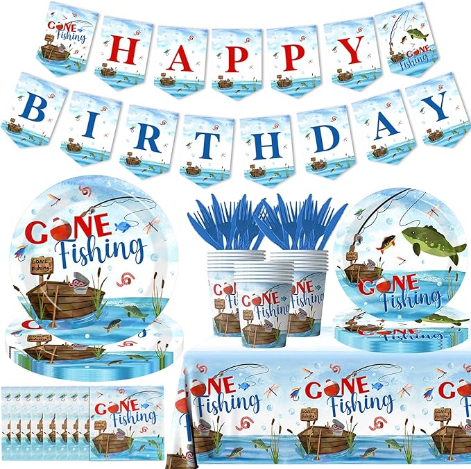 142 Pcs Gone Fishing Tableware, Fishing Birthday Party Decoration Little by GREHUMOR