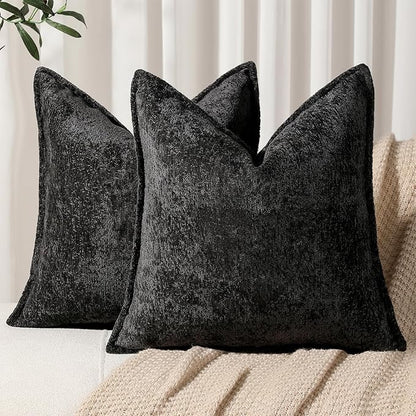 Pack of 2 Black Decorative Throw Pillow Covers 20x20 Cozy Soft Chenille Accent by DEZENE