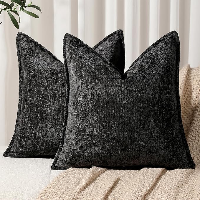 Pack of 2 Black Decorative Throw Pillow Covers 22x22 Cozy Soft Chenille Accent by DEZENE