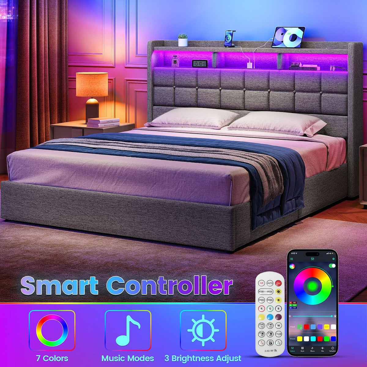 driftalia upholstered king size bed frame with lift, side view