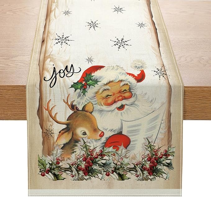 Vintage Christmas Santa Claus Table Runner 13x72 Inch Xmas Deer Joy Seasonal by ZCHOMI
