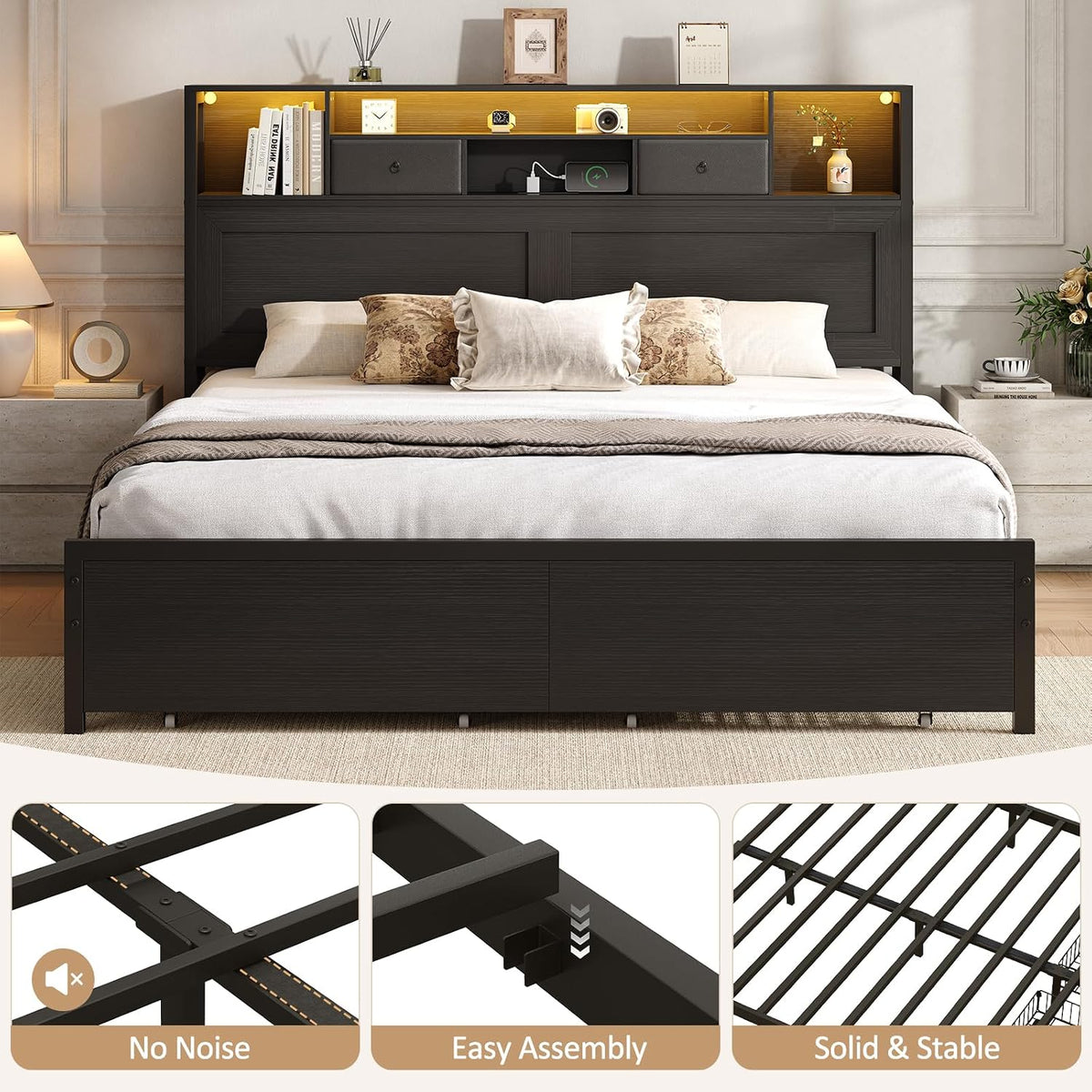queen bed frame with storage headboard, platform bed showing dimensions