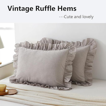 Aryeleay 2 Pack Brown White Plaid Ruffle Throw Pillow Covers, 100% Cotton - Image 3
