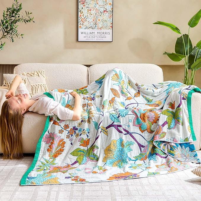 Summer Throw Blanket, 100% Cotton Muslin Breathable Woven, Farmhouse Decorative - Image 4