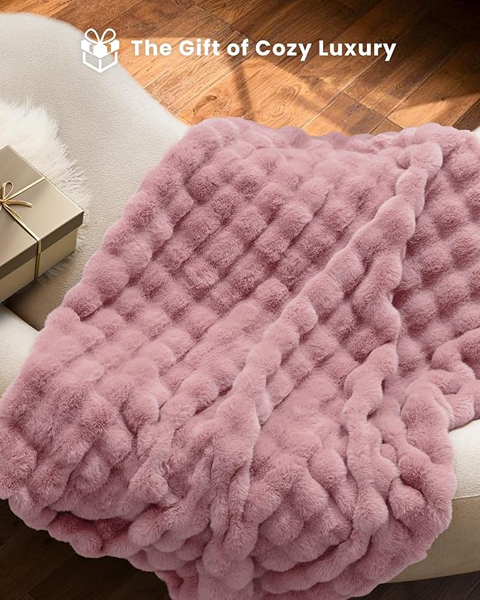 Ultra Soft Cozy Faux Fur Throw Blanket, Fuzzy Plush Thick Bubble Blanket - Image 4