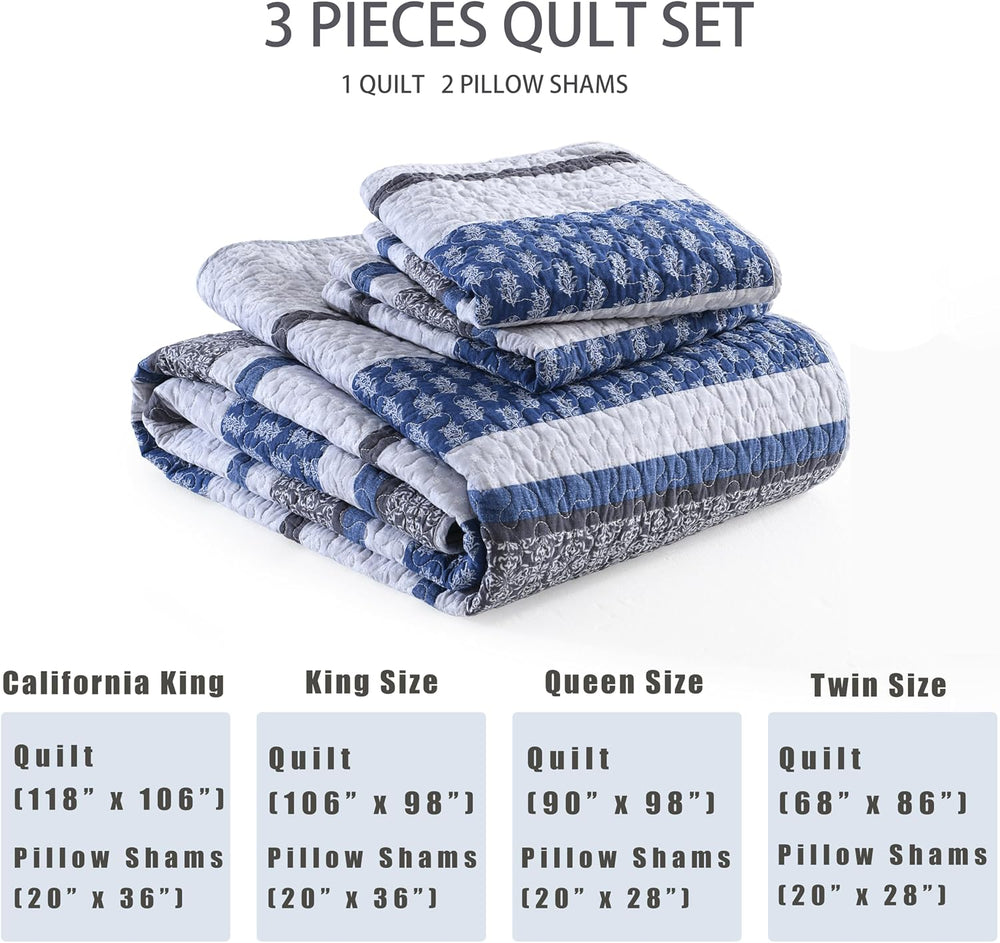 100% Cotton King Size Comforter Set Blue Grey Striped Quilt Set