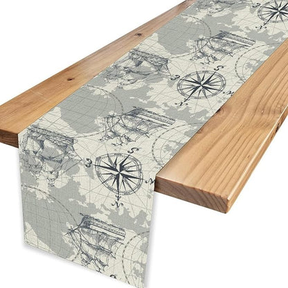 Nautical Table Runner, Retro Coastal Treasure Map Sailing Ship Compass - Image 4