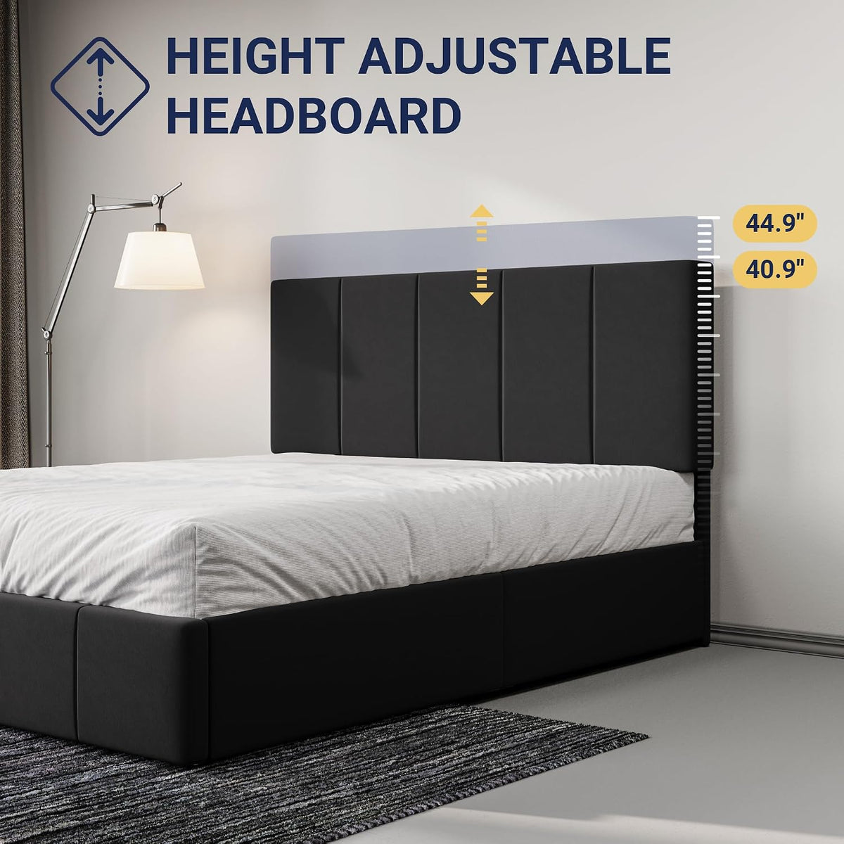 allewie queen size dutch velvet upholstered platform bed showing dimensions