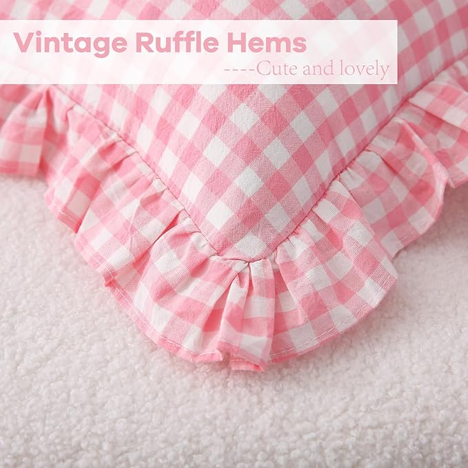 2 Pack Coral Pink Plaid Ruffle Gingham Throw Lumbar Pillow Shams, 100% Washed - Image 5