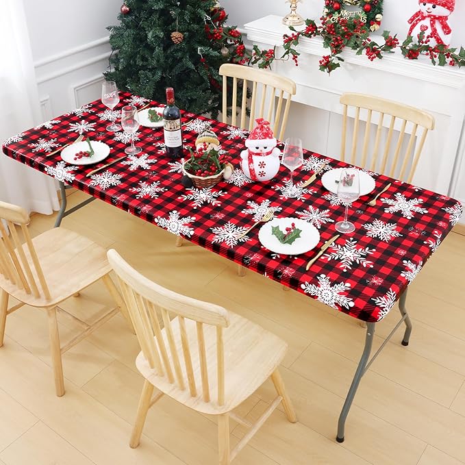 Smiry Plastic Christmas Tablecloth, Buffalo Plaid Waterproof Elastic Fitted - Image 8