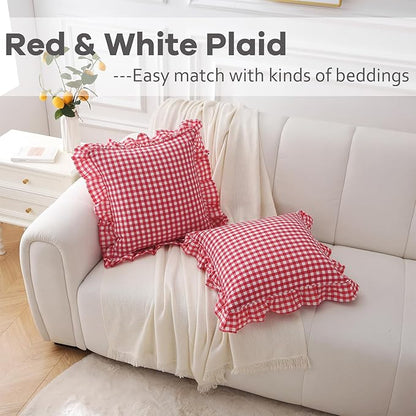 2 Pack Red White Plaid Ruffle Gingham Throw Pillow Covers, 100% Washed Cotton - Image 2