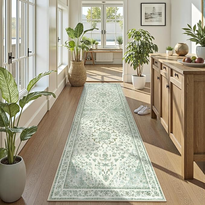 Moynesa Green 2.5x8 Hallway Runner Rugs, Vintage Floral Print Washable Runner - Image 2