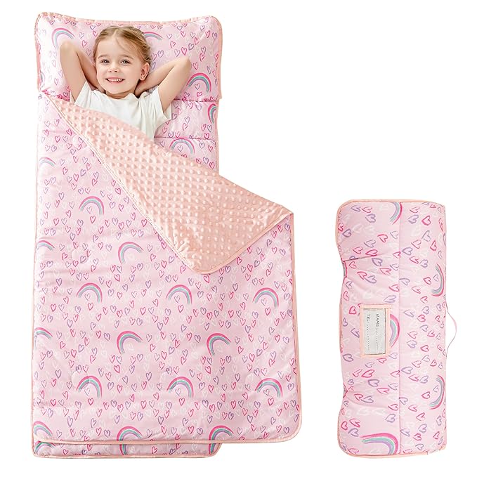 Viviland Toddler Kid Nap Mat for Preschool, Girls Pink Rainbow Slumber Bag by VIVILAND