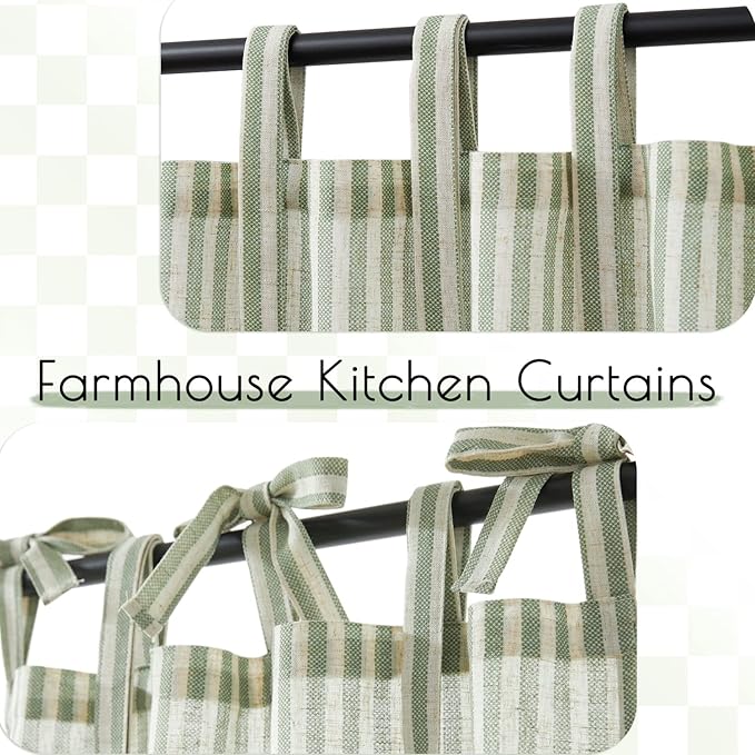jinchan Tie Top Linen Kitchen Curtains 36 Inches Striped Tier Curtains - Image 6
