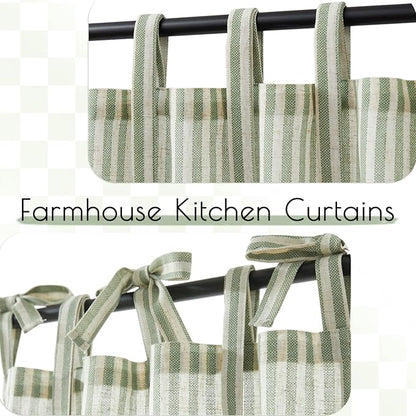 jinchan Tie Top Linen Kitchen Curtains 36 Inches Striped Tier Curtains - Image 6