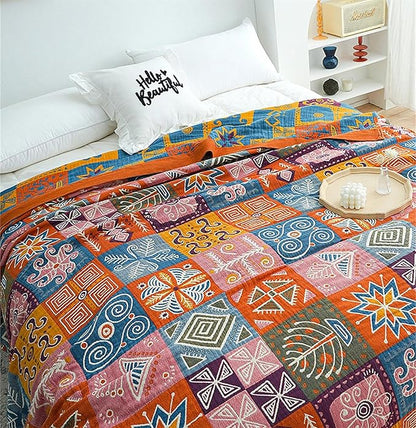 Cotton Throw Boho Blanket for Couch Bed, Cotton Quilted Boho 80''x90'' Muslin by MSGKVHomeTextiles