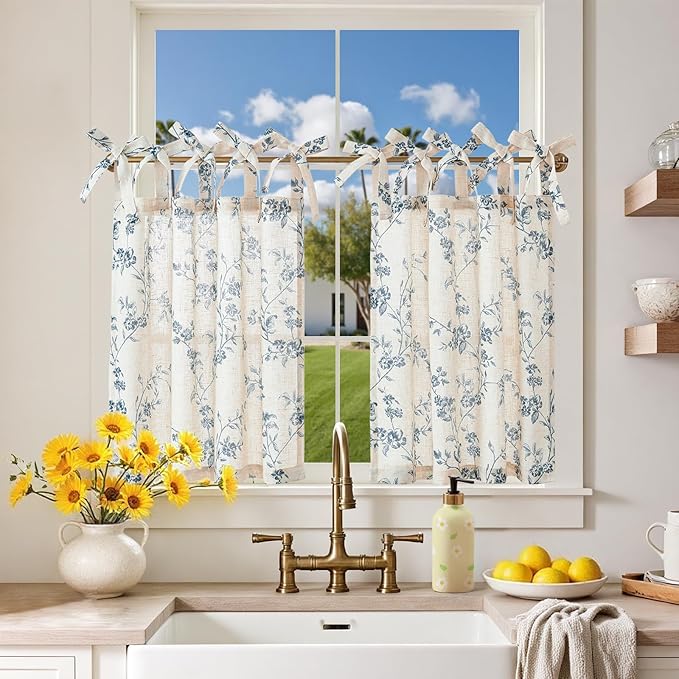jinchan Floral Kitchen Curtains 24 Inch Linen Tier Curtains Farmhouse Cafe Half by JINCHAN